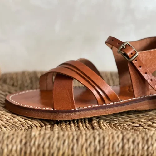 Women’s Brown Cross Strap Moroccan Flat Slides
