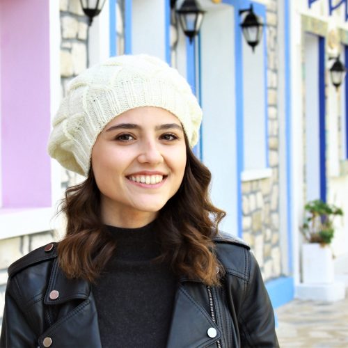 Cream Women Handknit Beret Hat In Entrelac Style