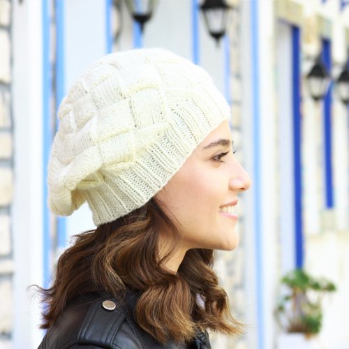 Cream Women Handknit Beret Hat In Entrelac Style