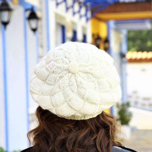 Cream Women Handknit Beret Hat In Entrelac Style
