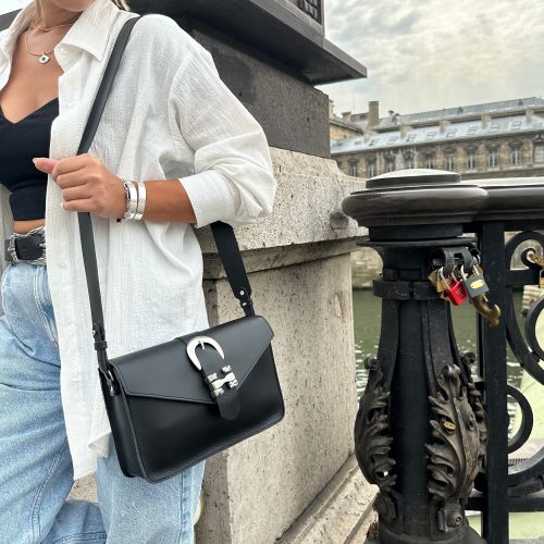 Black Leather Shoulder Bag Women Handbag Purse Silver