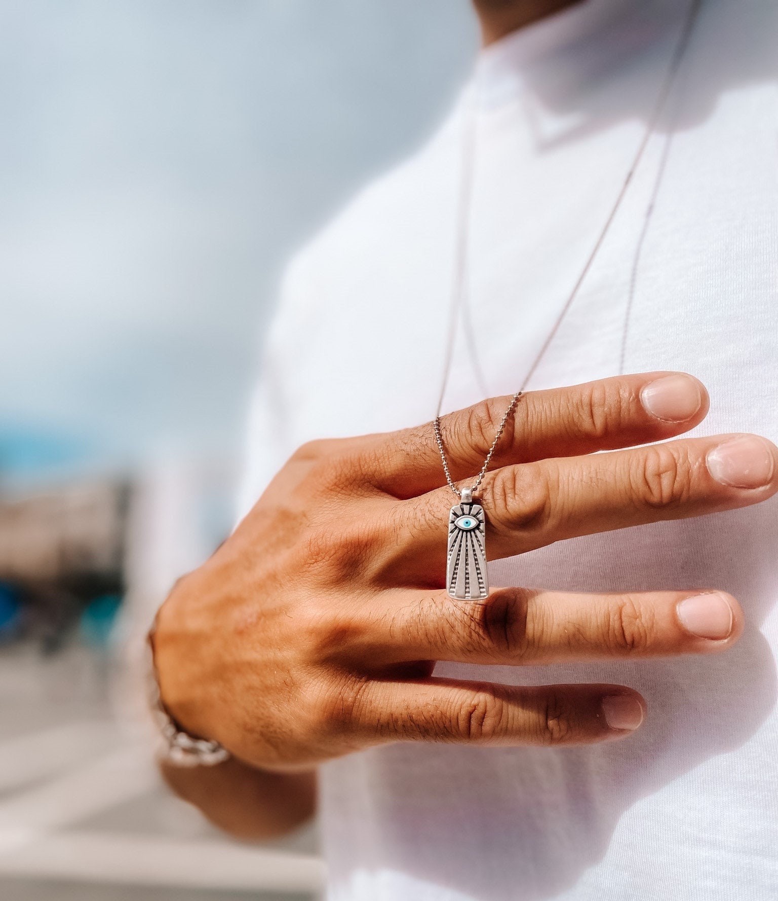 Men's Evil Eye Pendant Silver Necklace For Men