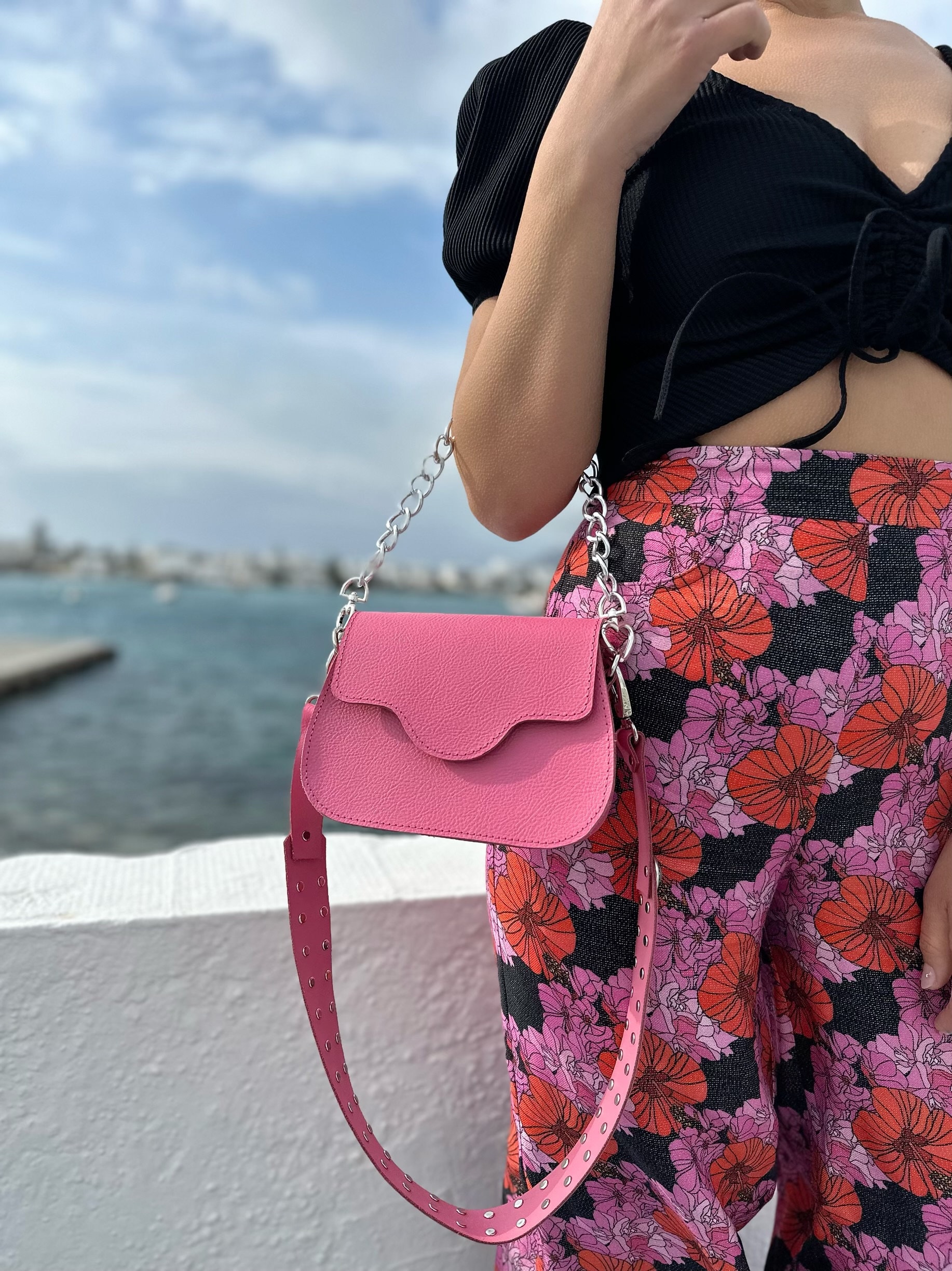 Pink Shoulder Bag Women Crossbody Silver Chain Full
