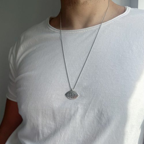 Silver Evil Eye Pendant Mens Necklace Men Jewelry
