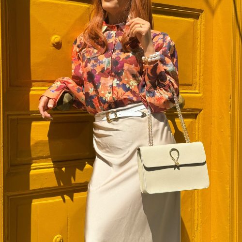 Beige Leather Shoulder Bag Women Purse Full Grain