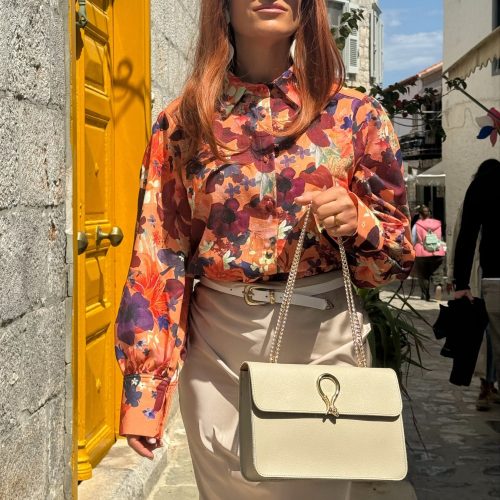 Beige Leather Shoulder Bag Women Purse Full Grain