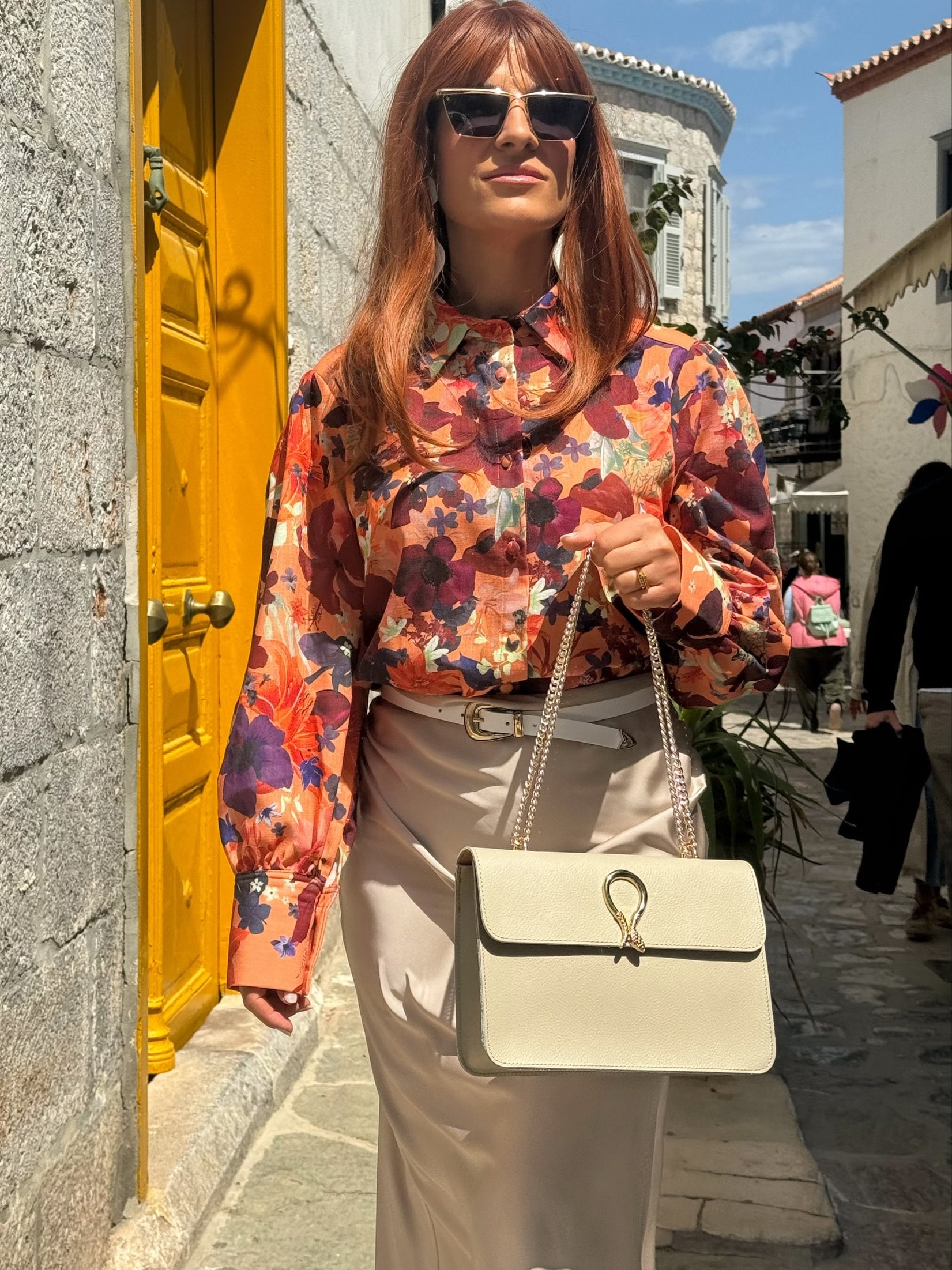 Beige Leather Shoulder Bag Women Purse Full Grain