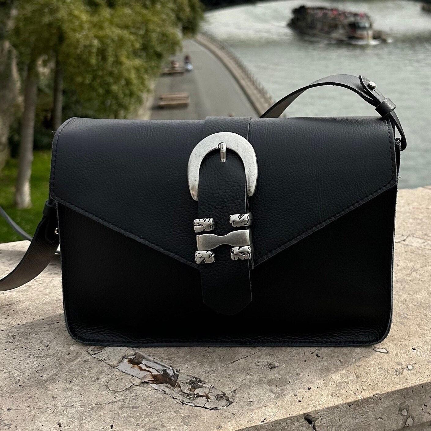 Black Leather Shoulder Bag Women Handbag Purse Silver