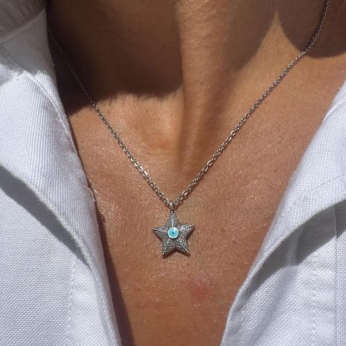 Mens Starfish Pendant Enamel Evil Eye Necklace Stainless