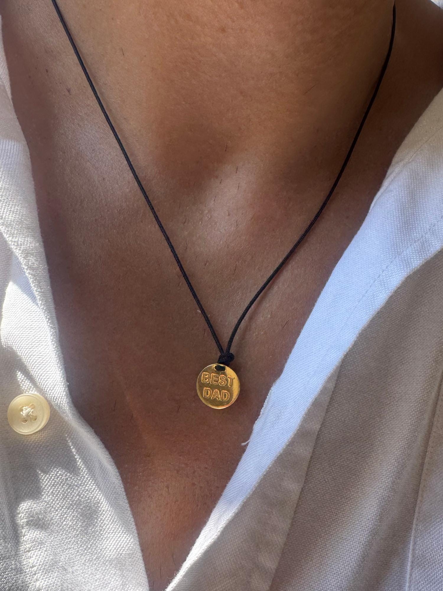 Mens Pendant Gold Disc Necklace Dad Engraved Sterling