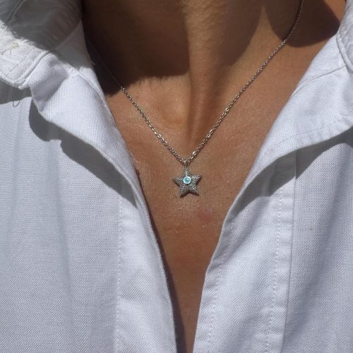 Mens Starfish Pendant Enamel Evil Eye Necklace Stainless